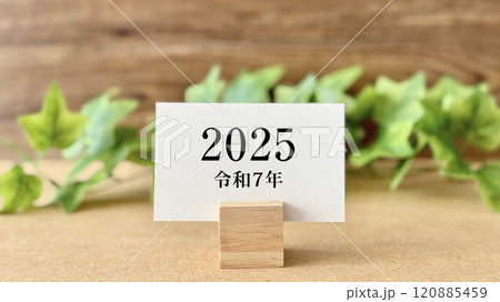 2025年の文字入りカードとツタ_茶色板背景 120885459