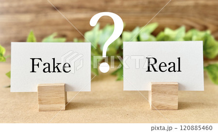 FakeとRealのカードとクエスチョンマークとツタ_茶色板背景 120885460