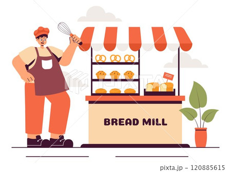 Bread Mill Vector Illustration featuring Wheat Sacks, Assorted Breads, and a Windmill for Bakery Products in a Flat Style Cartoon Background Bread Mill Vector Illustration featuring Wheat Sacks, Assorted Breads, and a Windmill for Bakery Products in a Flat Style Cartoon Background 120885615