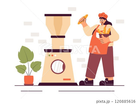 Bread Mill Vector Illustration featuring Wheat Sacks, Assorted Breads, and a Windmill for Bakery Products in a Flat Style Cartoon Background 120885616