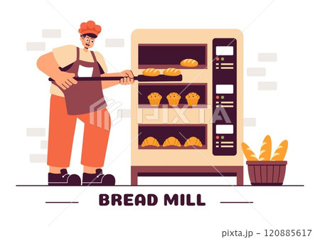 Bread Mill Vector Illustration featuring Wheat Sacks, Assorted Breads, and a Windmill for Bakery Products in a Flat Style Cartoon Background 120885617