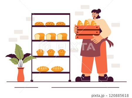 Bread Mill Vector Illustration featuring Wheat Sacks, Assorted Breads, and a Windmill for Bakery Products in a Flat Style Cartoon Background 120885618