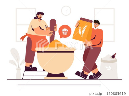 Bread Mill Vector Illustration featuring Wheat Sacks, Assorted Breads, and a Windmill for Bakery Products in a Flat Style Cartoon Background 120885619