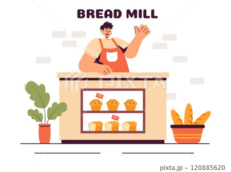 Bread Mill Vector Illustration featuring Wheat Sacks, Assorted Breads, and a Windmill for Bakery Products in a Flat Style Cartoon Background 120885620