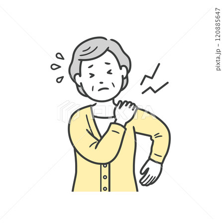 肩こりや肩の痛みで肩に手を当てる高齢女性の上半身イラスト 肩こりや肩の痛みで肩に手を当てる高齢女性の上半身イラスト 120885647