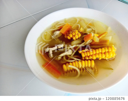 Vegetable and meat soup with corn 120885676