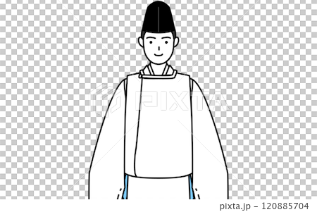 神社的祭司，面朝前方，穿著烏幹和袈裟 120885704