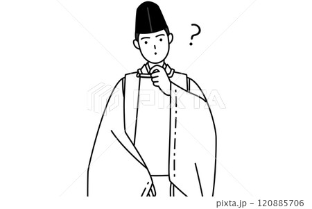 疑問を持って首をかしげる神社の神主、烏帽子と狩衣姿 疑問を持って首をかしげる神社の神主、烏帽子と狩衣姿 120885706