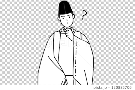 疑問を持って首をかしげる神社の神主、烏帽子と狩衣姿 疑問を持って首をかしげる神社の神主、烏帽子と狩衣姿 120885706