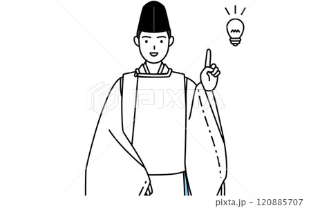 アイデアを思いついた神社の神主、烏帽子と狩衣姿 120885707