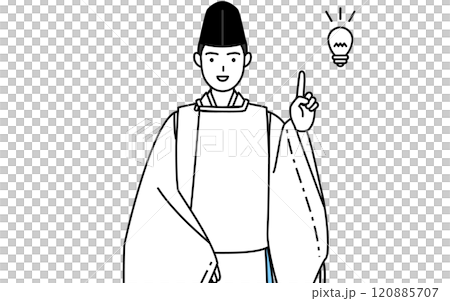 アイデアを思いついた神社の神主、烏帽子と狩衣姿 120885707