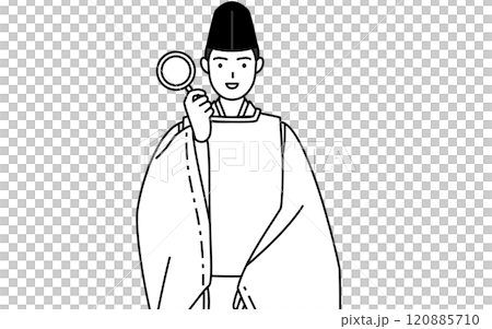 虫メガネを持って腰に手を当てる神社の神主、烏帽子と狩衣姿 虫メガネを持って腰に手を当てる神社の神主、烏帽子と狩衣姿 120885710