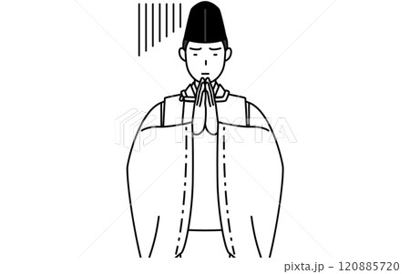 体の前で手を合わせて謝る神社の神主、烏帽子と狩衣姿 体の前で手を合わせて謝る神社の神主、烏帽子と狩衣姿 120885720
