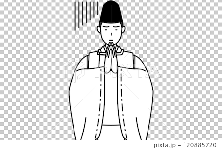 体の前で手を合わせて謝る神社の神主、烏帽子と狩衣姿 体の前で手を合わせて謝る神社の神主、烏帽子と狩衣姿 120885720