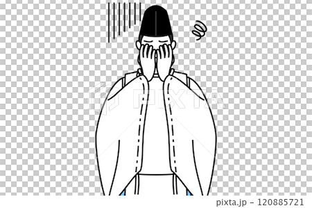 神社的神父穿著烏賊和袈裟，摀著臉，表情鬱悶。 120885721