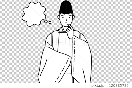 神社的神父穿著烏賊和卡里吉,雙手放在臉上思考 神社的神父穿著烏賊和卡里吉,雙手放在臉上思考 120885723