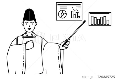 業績グラフを分析するす神社の神主、烏帽子と狩衣姿 業績グラフを分析するす神社の神主、烏帽子と狩衣姿 120885725