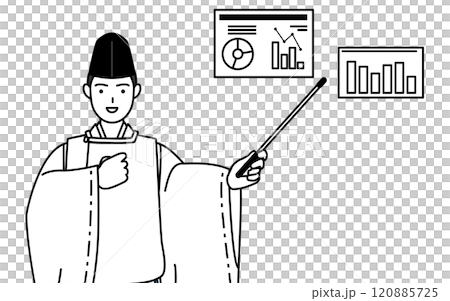 業績グラフを分析するす神社の神主、烏帽子と狩衣姿 業績グラフを分析するす神社の神主、烏帽子と狩衣姿 120885725