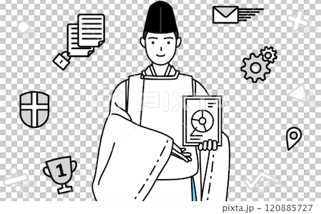 Image of DX, a Shinto priest wearing a hat and kariginu (traditional Japanese formal attire) using digital technology to improve business operations 120885727