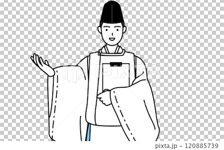 神社的祭司手持寫字板,雙手張開,身穿烏紙和袈裟。 神社的祭司手持寫字板,雙手張開,身穿烏紙和袈裟。 120885739