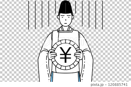 Images of exchange rate losses and the weak yen, a Shinto priest wearing a black hat and hunting costume 120885741