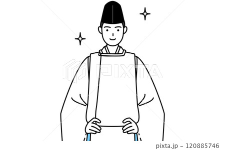 両手を腰に当てた神社の神主、烏帽子と狩衣姿 両手を腰に当てた神社の神主、烏帽子と狩衣姿 120885746