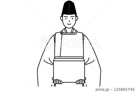 段ボールを運ぶ作業をする神社の神主、烏帽子と狩衣姿 段ボールを運ぶ作業をする神社の神主、烏帽子と狩衣姿 120885748