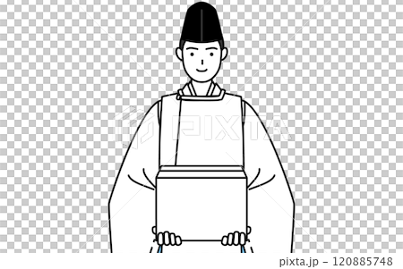 A Shinto priest in black hat and kariginu (traditional Japanese hunting costume) carrying cardboard boxes 120885748