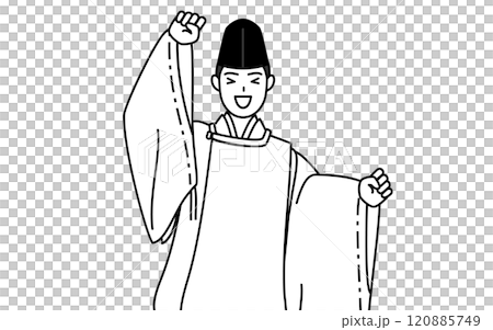 神社的神父穿著烏賊和袈裟,輕快地跳躍著。 神社的神父穿著烏賊和袈裟,輕快地跳躍著。 120885749