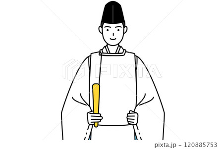 笏を持つ神社の神主、烏帽子と狩衣姿 120885753