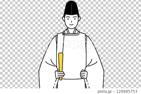 笏を持つ神社の神主、烏帽子と狩衣姿 120885753