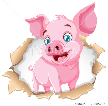Cheerful Pig Breaking Through Paper 120885793