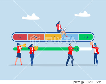 Employee engagement ,business people employee with stars and happy reward,commitment or motivation to success with company,job satisfaction, productivity or employee recognition 120885945