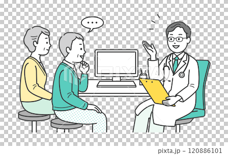 Illustration of an elderly man receiving a medical examination at a forgetfulness clinic, his accompanying wife, and a doctor 120886101