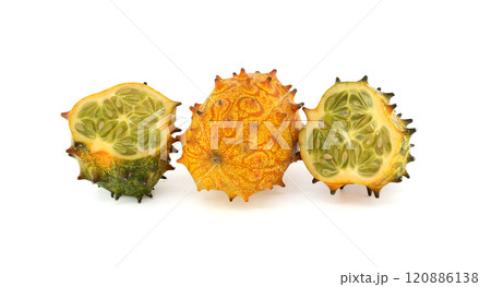 Detailed image showcasing a vivid kiwano melon, also known as horned melon Detailed image showcasing a vivid kiwano melon, also known as horned melon 120886138