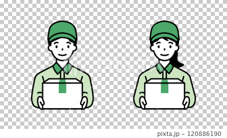 Delivery man with luggage, front, male and female, variable line width 120886190
