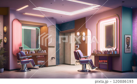 A salon with neon lights and pink walls A salon with neon lights and pink walls 120886193