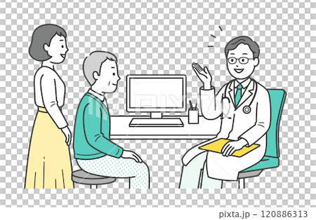 Illustration of an elderly man, his accompanying woman and a doctor undergoing a medical examination at a hospital 120886313