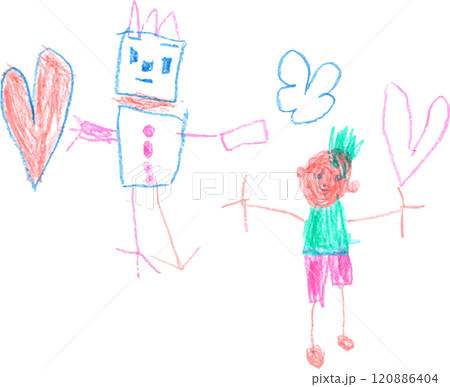 子供がクレヨンで子供とロボットの絵を描いている絵 120886404