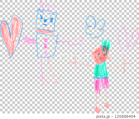 A child is drawing a picture of a child and a robot with crayons 120886404