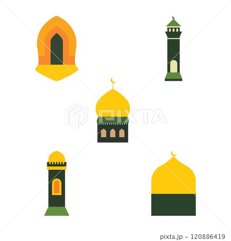 Islamic Symbol Elements of Dome Mosque Building with Minaret in Ramadan Theme Islamic Symbol Elements of Dome Mosque Building with Minaret in Ramadan Theme 120886419
