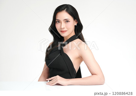 Beautiful young asian woman with clean fresh skin on white background, Face care, Facial treatment, Cosmetology, beauty and spa, Asian women portrait. Beautiful young asian woman with clean fresh skin on white background, Face care, Facial treatment, Cosmetology, beauty and spa, Asian women portrait. 120886428