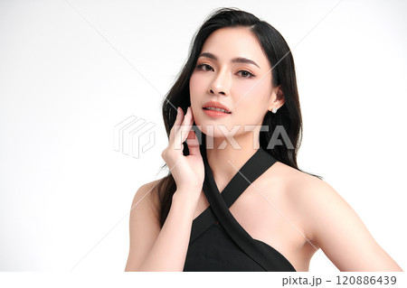 Beautiful young asian woman with clean fresh skin on white background, Face care, Facial treatment, Cosmetology, beauty and spa, Asian women portrait. Beautiful young asian woman with clean fresh skin on white background, Face care, Facial treatment, Cosmetology, beauty and spa, Asian women portrait. 120886439