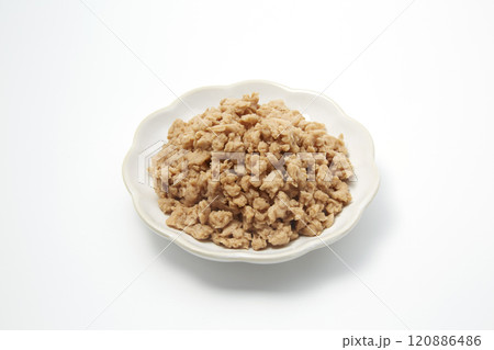皿盛りされた大豆ミートが白背景に置かれた様 120886486