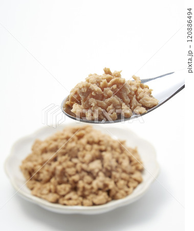 皿盛りされた大豆ミートが白背景に置かれた様 120886494