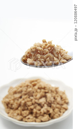 皿盛りされた大豆ミートが白背景に置かれた様 120886497