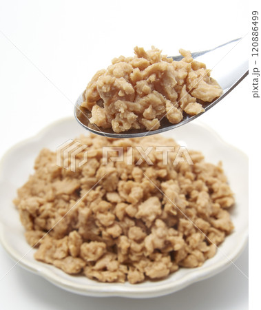 皿盛りされた大豆ミートが白背景に置かれた様 120886499