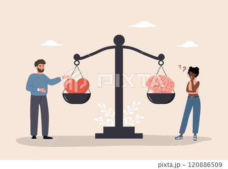 Balance between Brain and Heart. Mental and physical health concept. Man and Woman comparing logic thinking and emotion on scales. Vector illustration in flat cartoon style 120886509