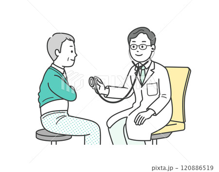 病院で診察を受ける高齢男性と聴診機を当てる医師の全身イラスト 120886519