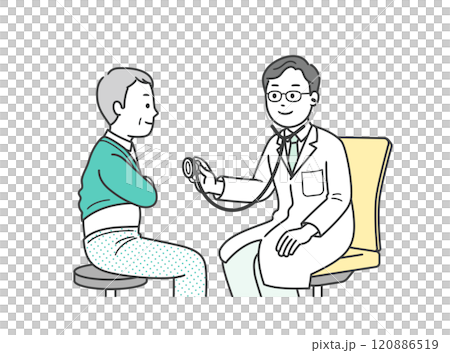 A full-body illustration of an elderly man being examined at a hospital and a doctor using a stethoscope 120886519